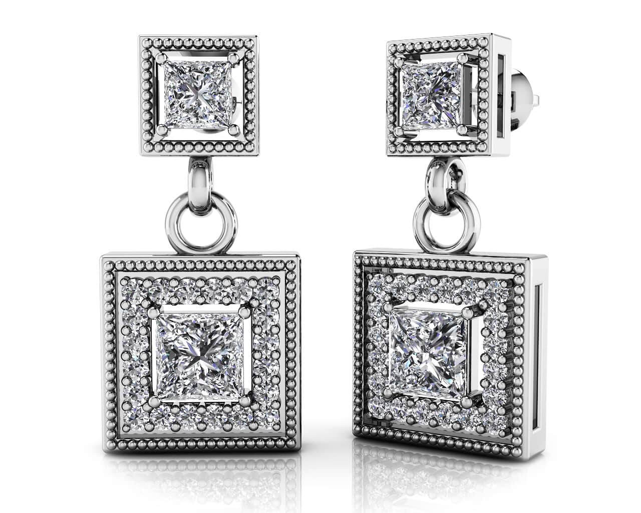 Diamond Square Drop Earrings Diamond with 1.38 ct.(finished) 1.1mm, 3mm, 4mm